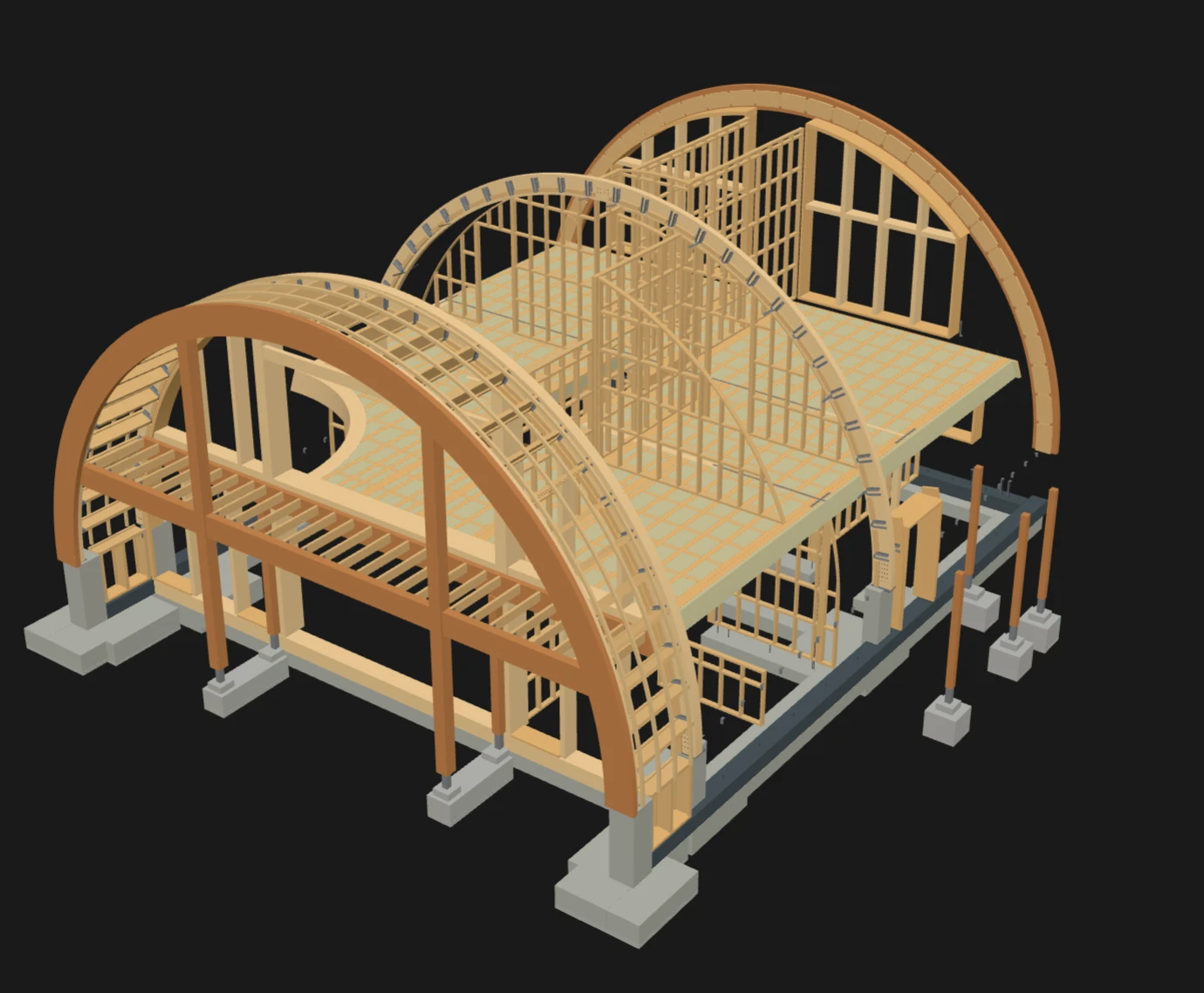 A 3D model of the house's timber frame on its concrete pad foundations: three large timber barrel-vault arches over a stud-framed first floor, with an open stair void and posts on their own footings.